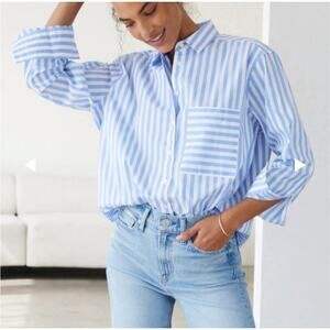 AYR Women's Blue White The Deep End Button Down Shirt Blue Stripe Size Large